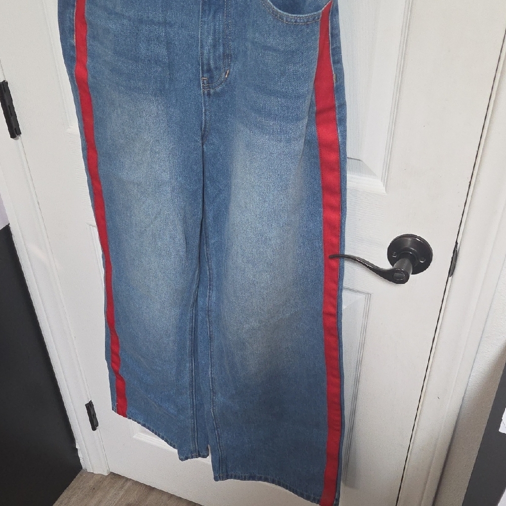 Commense Light Blue Wide Leg Jeans with Red Side Stripes - Picture 3 of 6